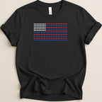 Black t-shirt with a U.S. flag design made of red, white, and blue rectangles.