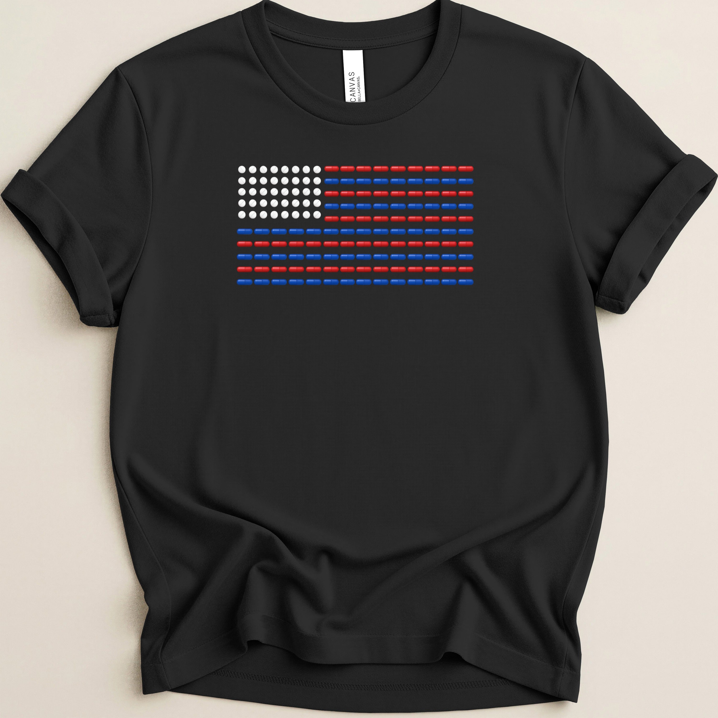 Black t-shirt with a U.S. flag design made of red, white, and blue rectangles.