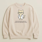 Light beige sweatshirt with a cartoon cat wearing glasses and a lab coat.