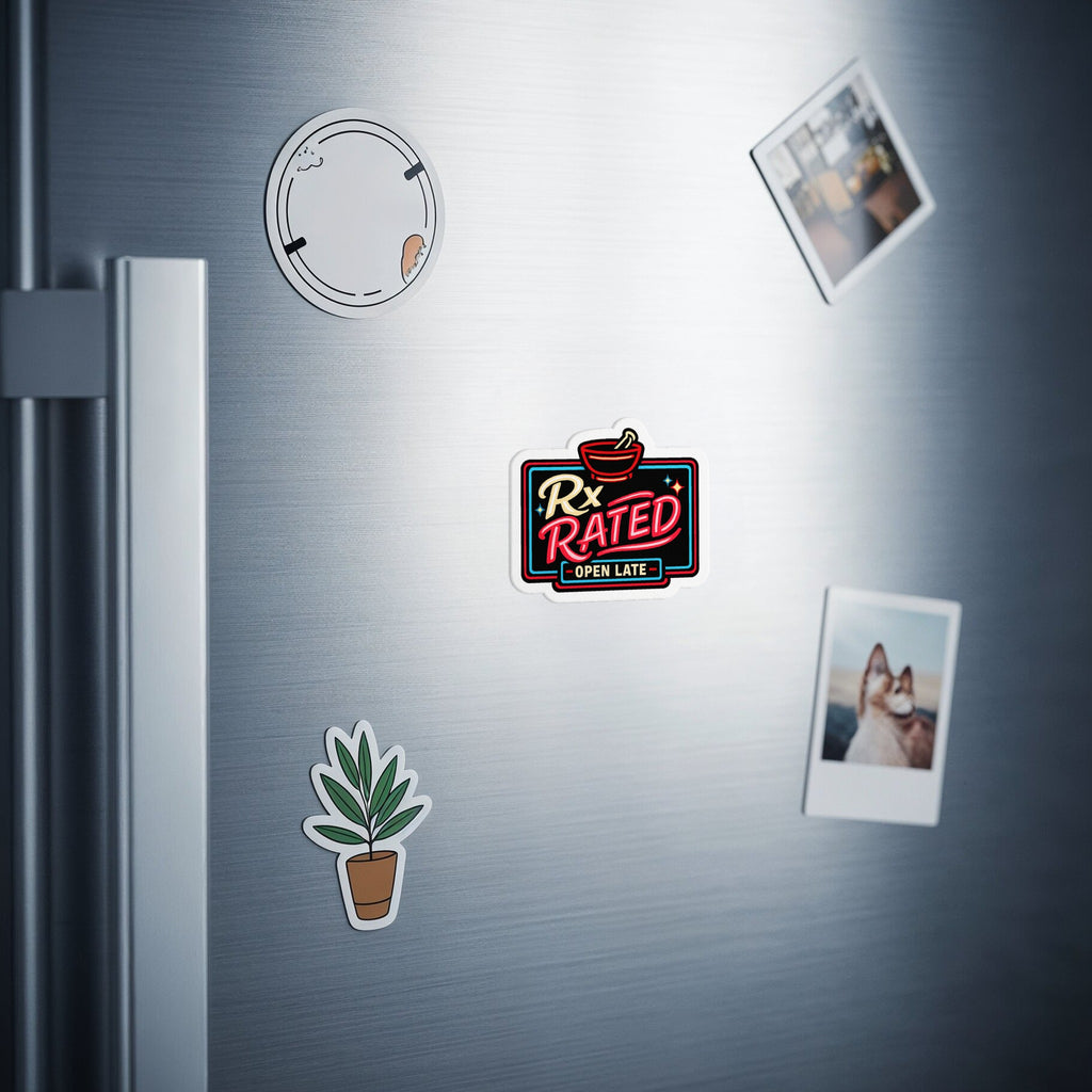 Neon "Rx Rated" sign with "Open Late" text, on a refrigerator.