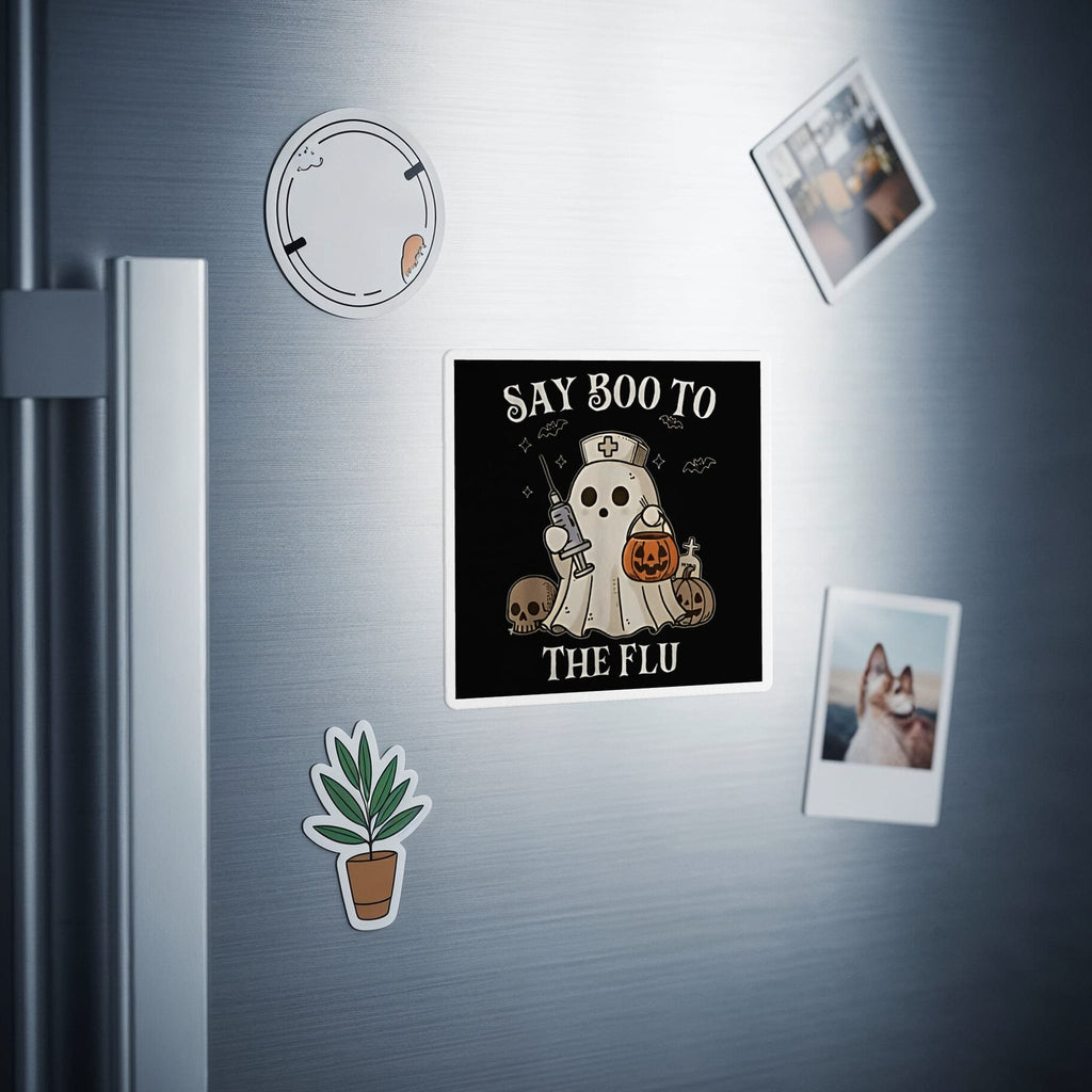 Ghost nurse with syringe, pumpkin, and skulls on a sticker saying "Say Boo to the Flu".