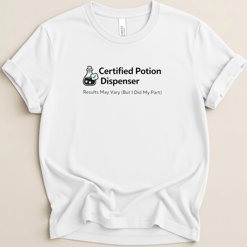 White t-shirt with "Certified Potion Dispenser" and beaker graphic.