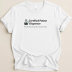 White t-shirt with "Certified Potion Dispenser" and beaker graphic.
