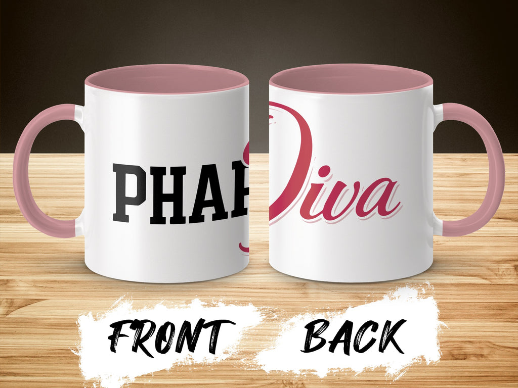 Two views of a white mug with pink handle, reading "PHAR Diva" on front.