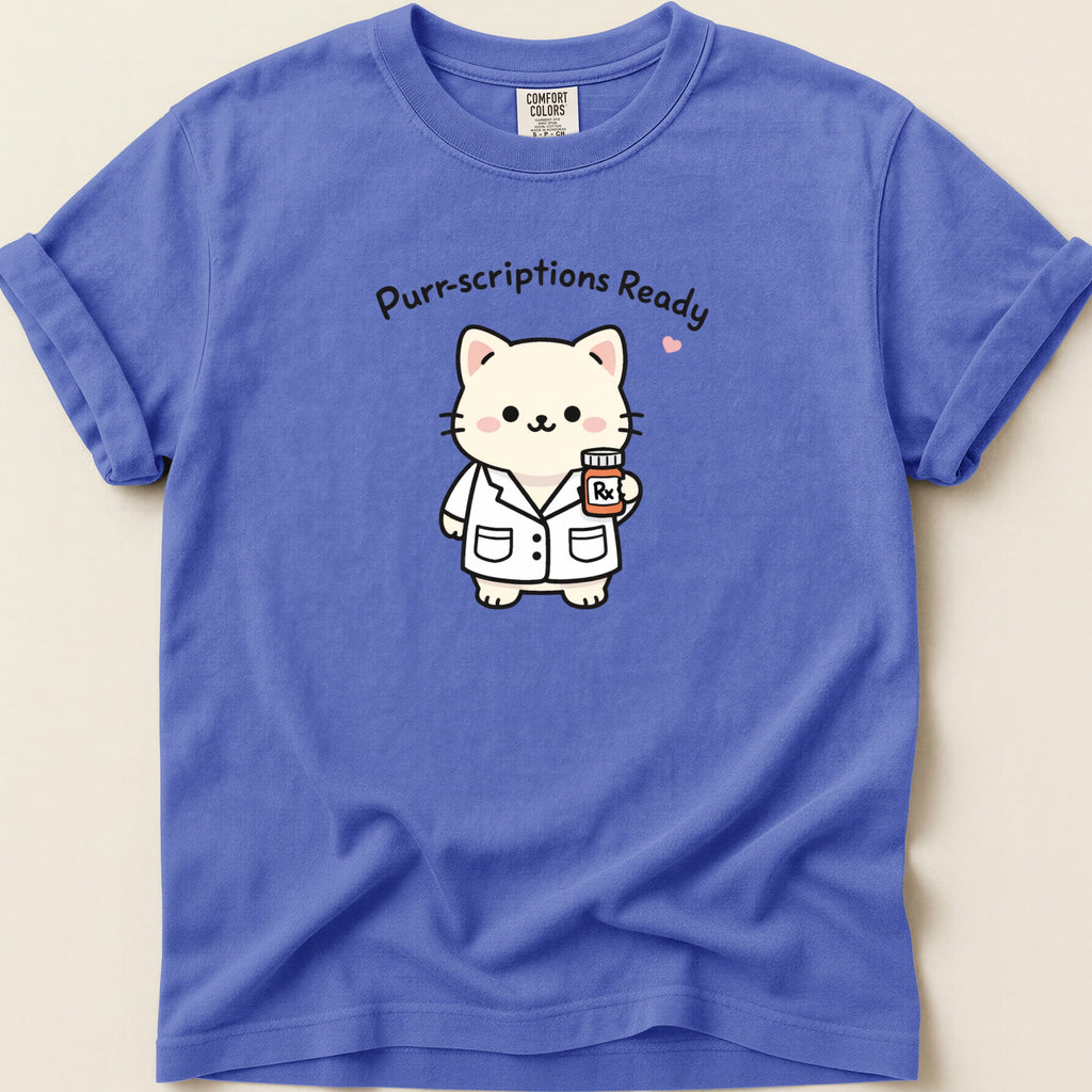 Cat in lab coat holding medicine bottle, "Purr-scriptions Ready" text.
