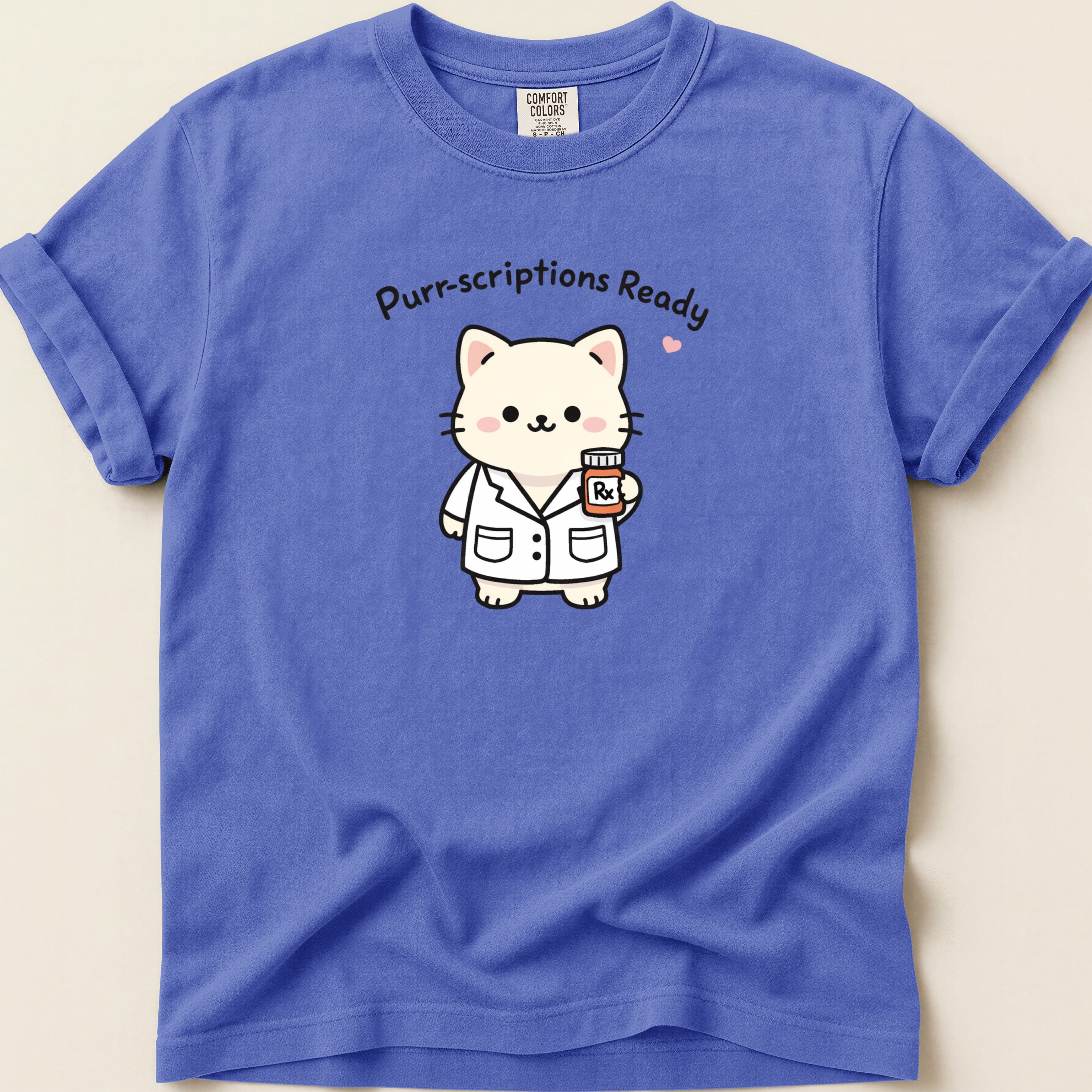Cat in lab coat holding medicine bottle, "Purr-scriptions Ready" text.