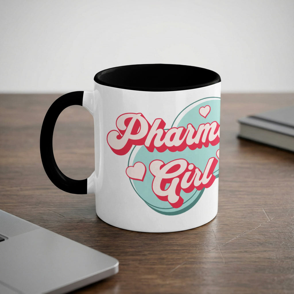 White mug with "Pharmacy Girl" text and heart accents.
