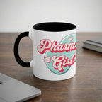 White mug with "Pharmacy Girl" text and heart accents.