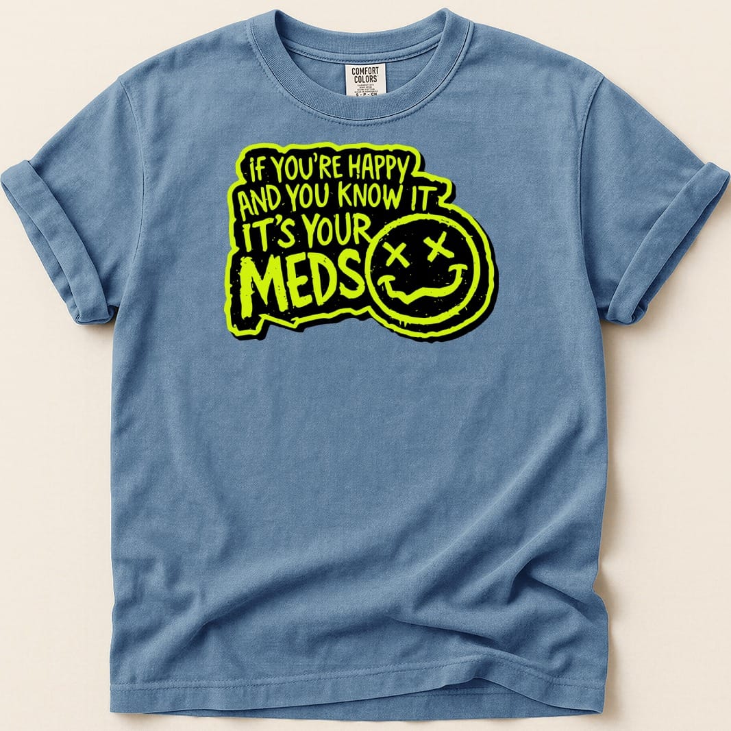 Blue t-shirt with neon green text and smiley face graphic.