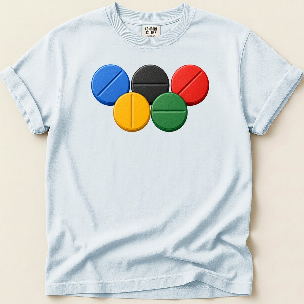 Light blue t-shirt with five pill-shaped Olympic rings graphic.