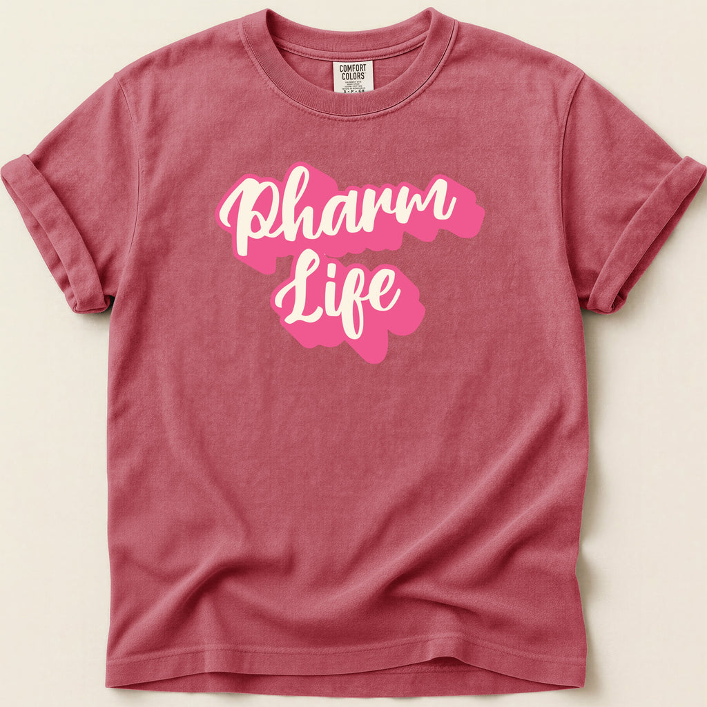 Red Comfort Colors t-shirt with "Pharm Life" in pink script.