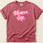Red Comfort Colors t-shirt with "Pharm Life" in pink script.