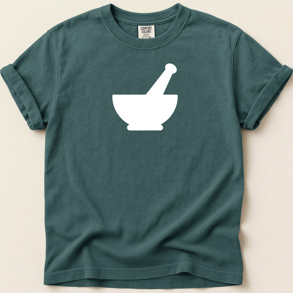 Teal t-shirt with a white mortar and pestle graphic on the front.