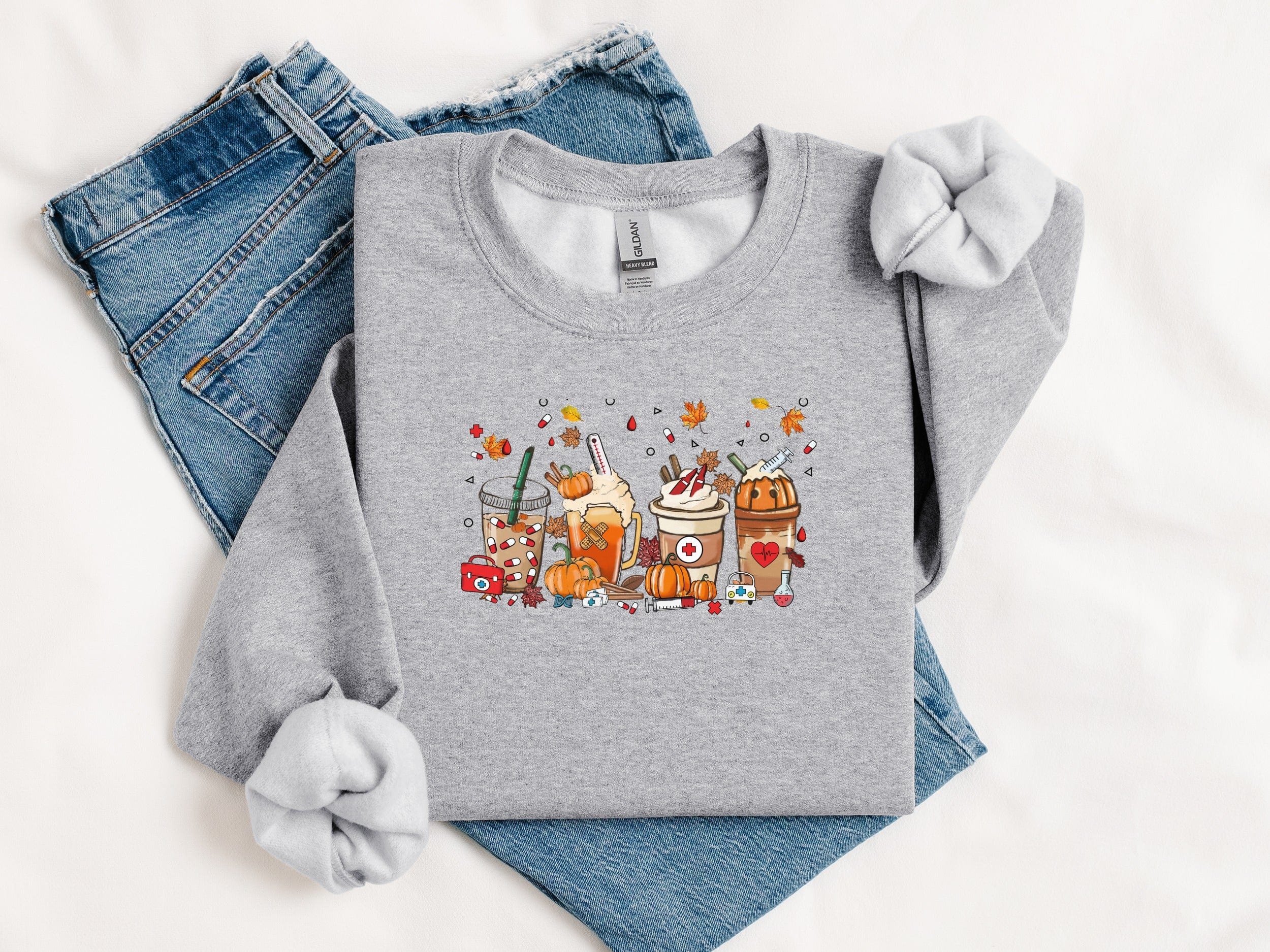 Cozy Autumn Drinks Artwork on Gray Sweatshirt product