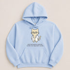 Light blue hoodie with a cartoon cat wearing glasses and a lab coat.