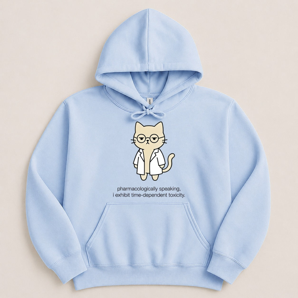 Light blue hoodie with a cartoon cat wearing glasses and a lab coat.