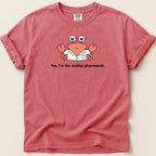 Red t-shirt with cartoon crab wearing glasses and lab coat, text "Yes, I'm the crabby pharmacist."