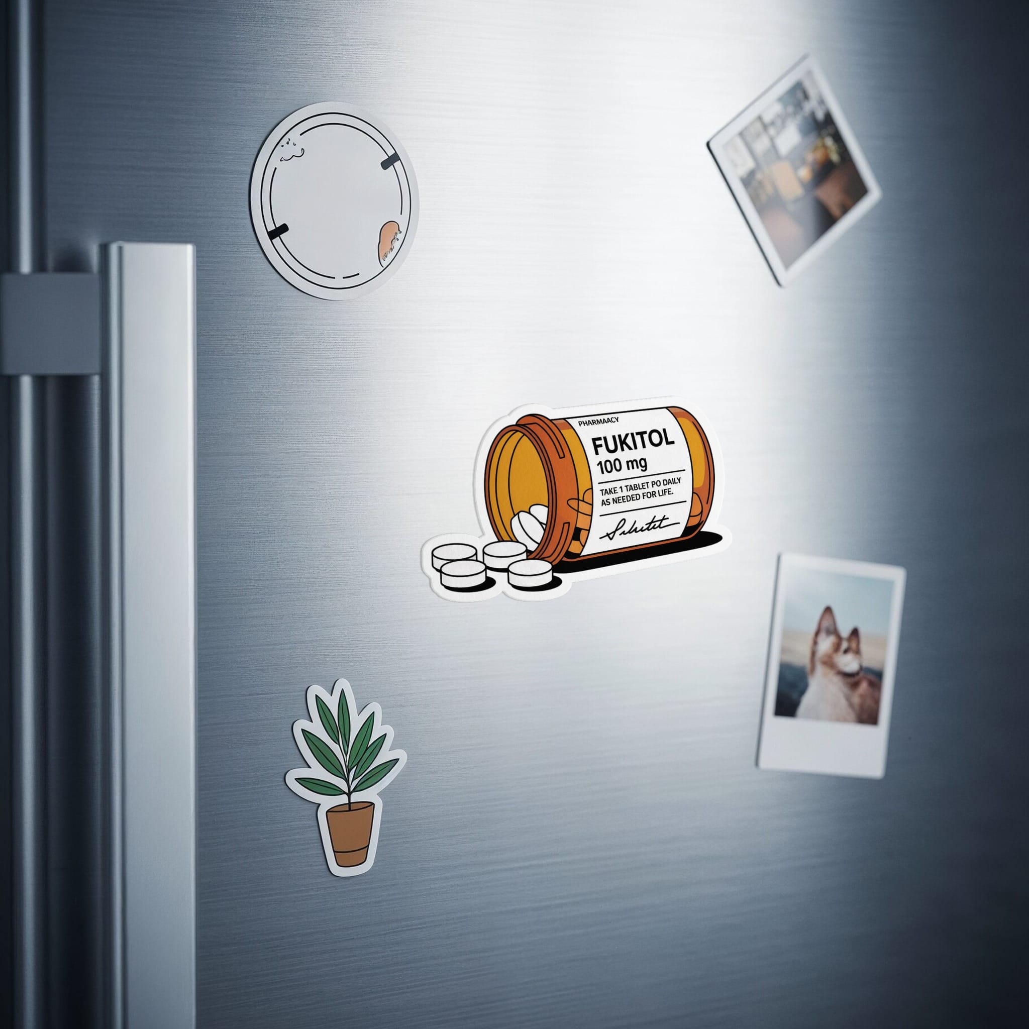 Medicine bottle sticker with text "FUKITOL 100 mg" and pills.