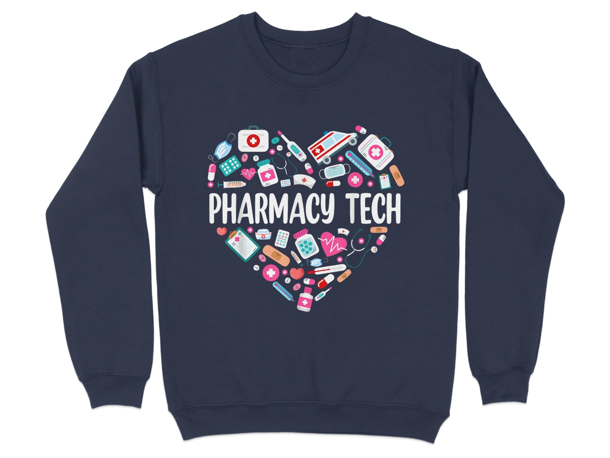 Navy sweatshirt with heart-shaped medical icons and "Pharmacy Tech" text.