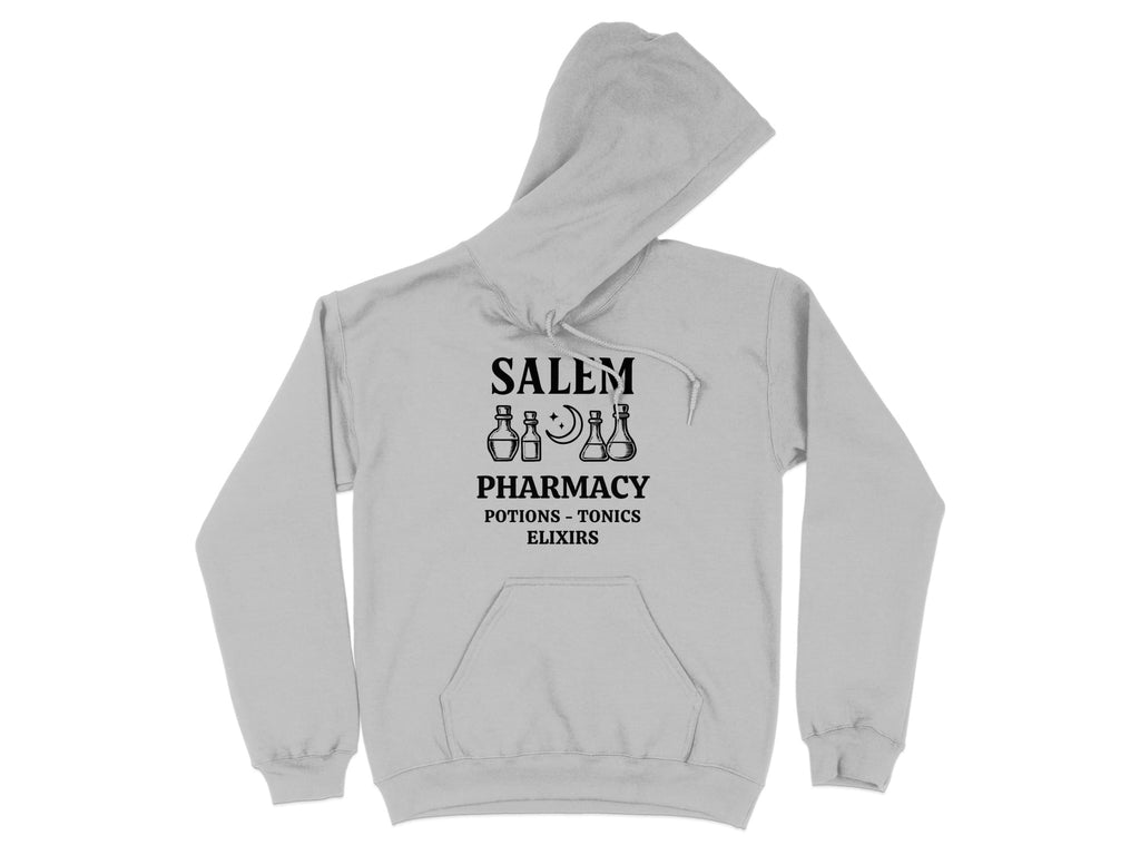 Grey hoodie with "Salem Pharmacy Potions Tonics Elixirs" text and potion bottle illustration.