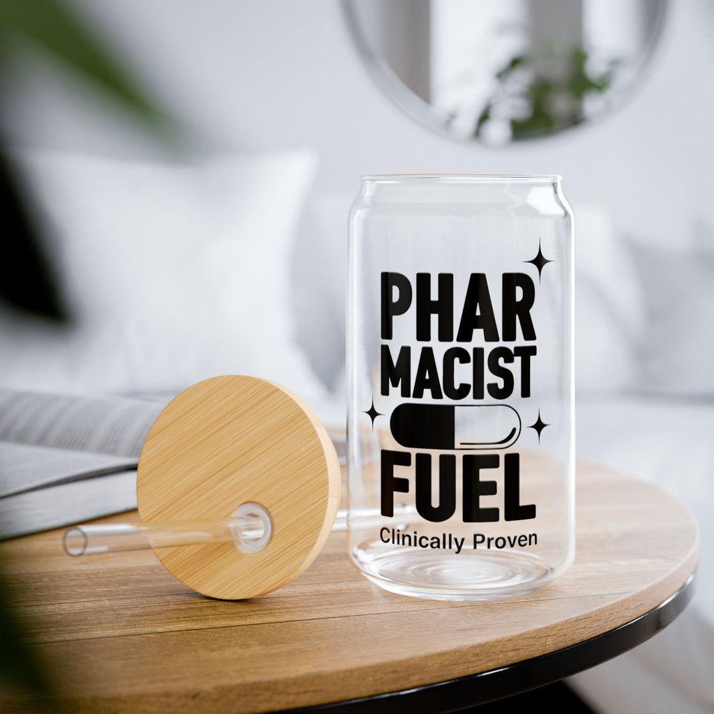 Clear glass can-shaped tumbler with "PHARMACIST FUEL Clinically Proven" text.