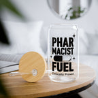 Clear glass can-shaped tumbler with "PHARMACIST FUEL Clinically Proven" text.