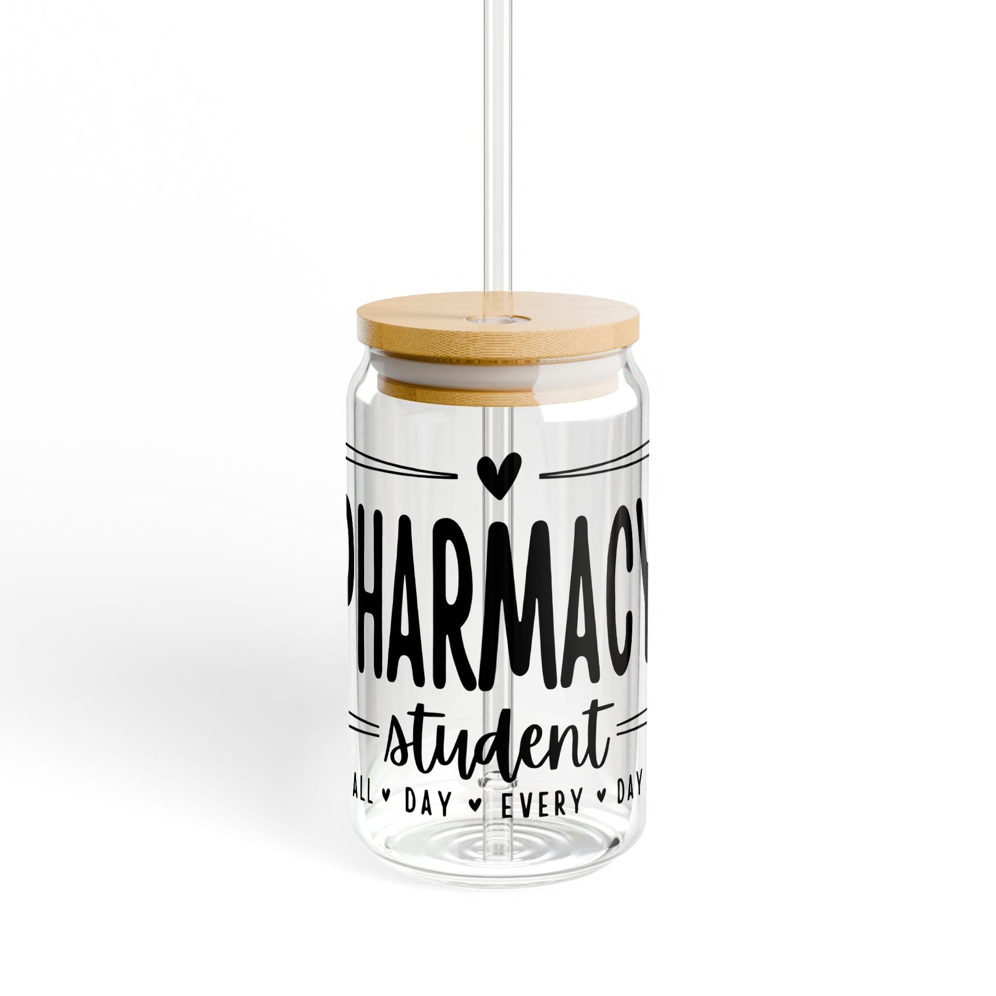 Glass tumbler with bamboo lid and straw, featuring "PHARMACY STUDENT ALL DAY EVERY DAY" text.