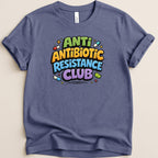 T-shirt with "Antibiotic Resistance Club" text and colorful pill graphics.