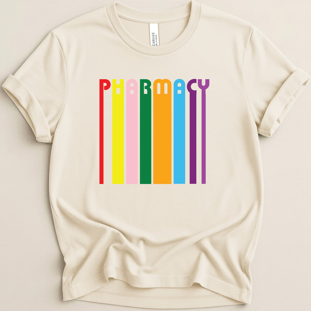 Cream t-shirt with colorful vertical "Pharmacy" text.