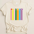 Cream t-shirt with colorful vertical "Pharmacy" text.