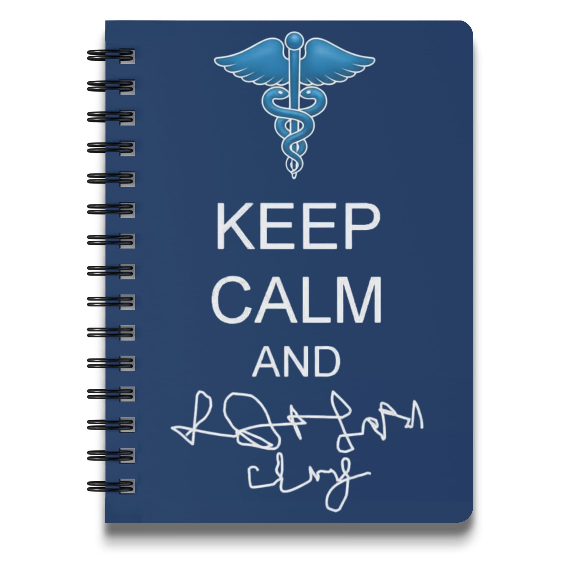 Notebook with Caduceus, "Keep Calm," and signature on blue cover.