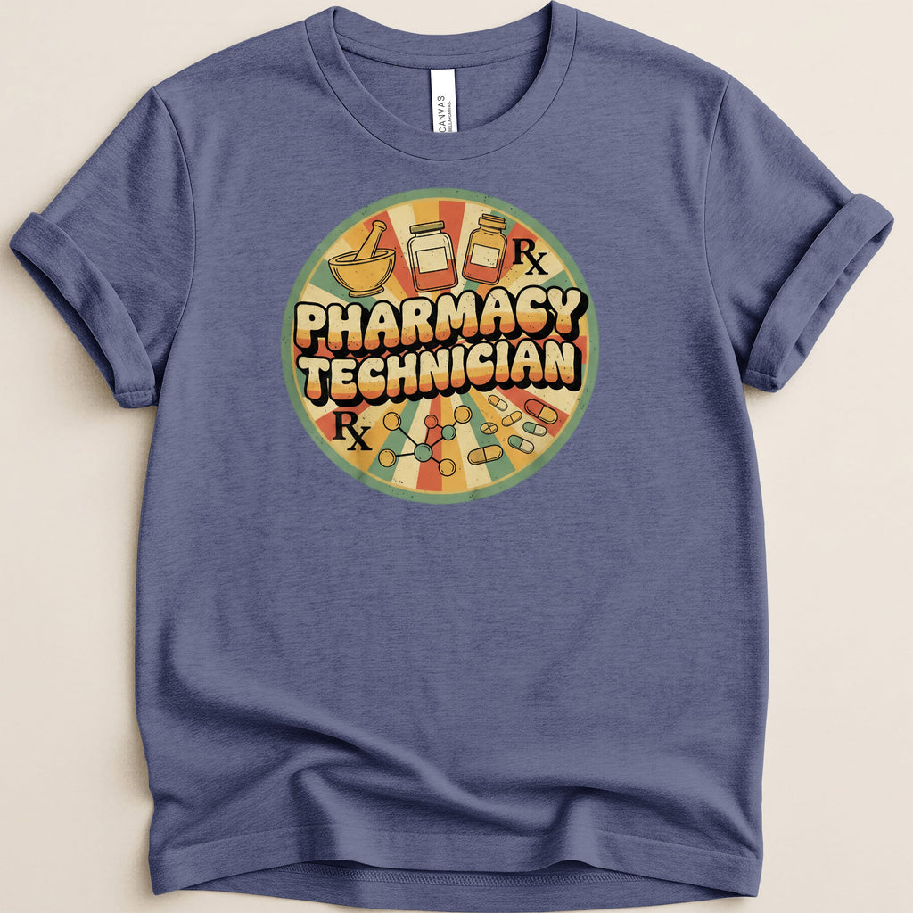 Pharmacy Technician graphic with pills, mortar and pestle on vintage circular background.