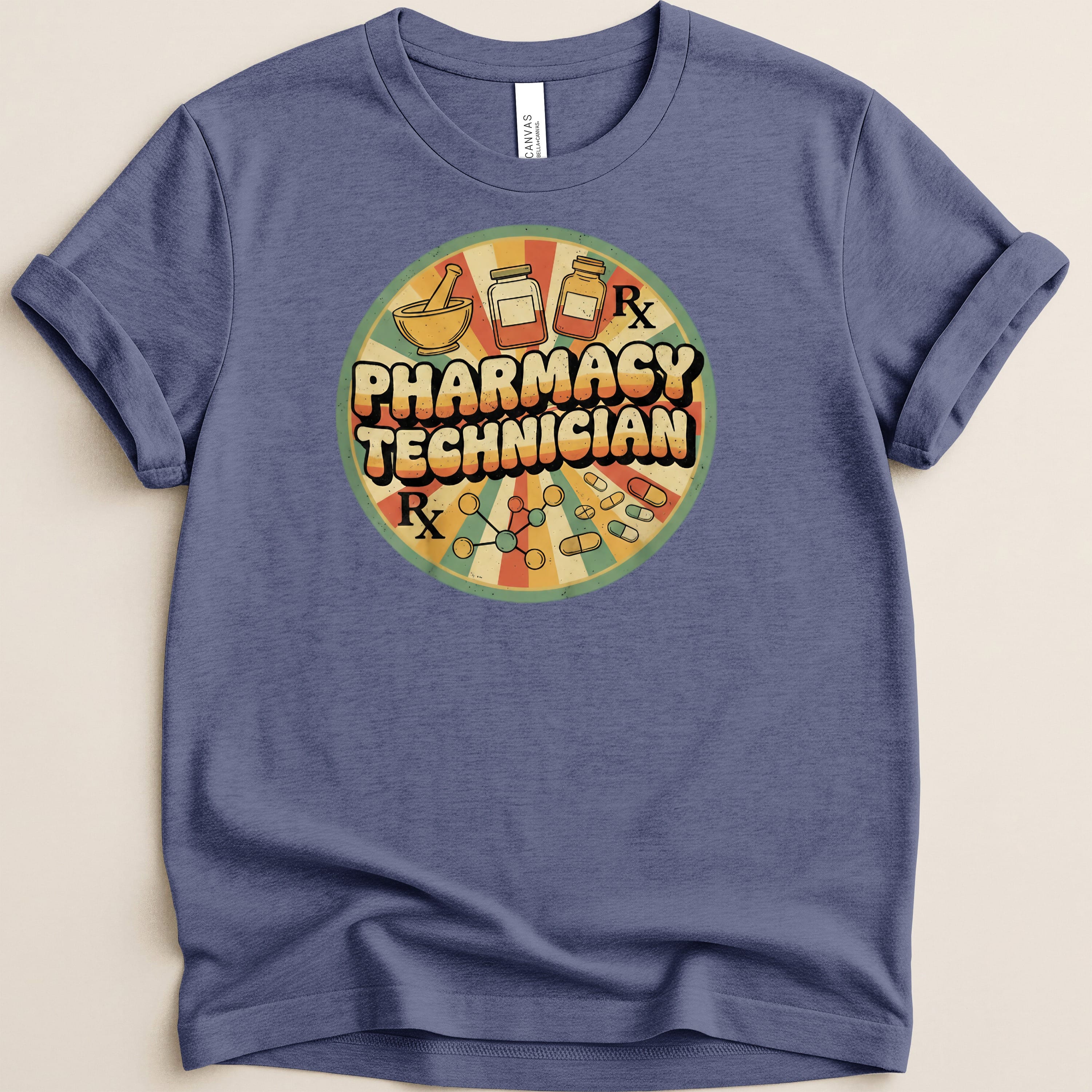 Pharmacy Technician graphic with pills, mortar and pestle on vintage circular background.