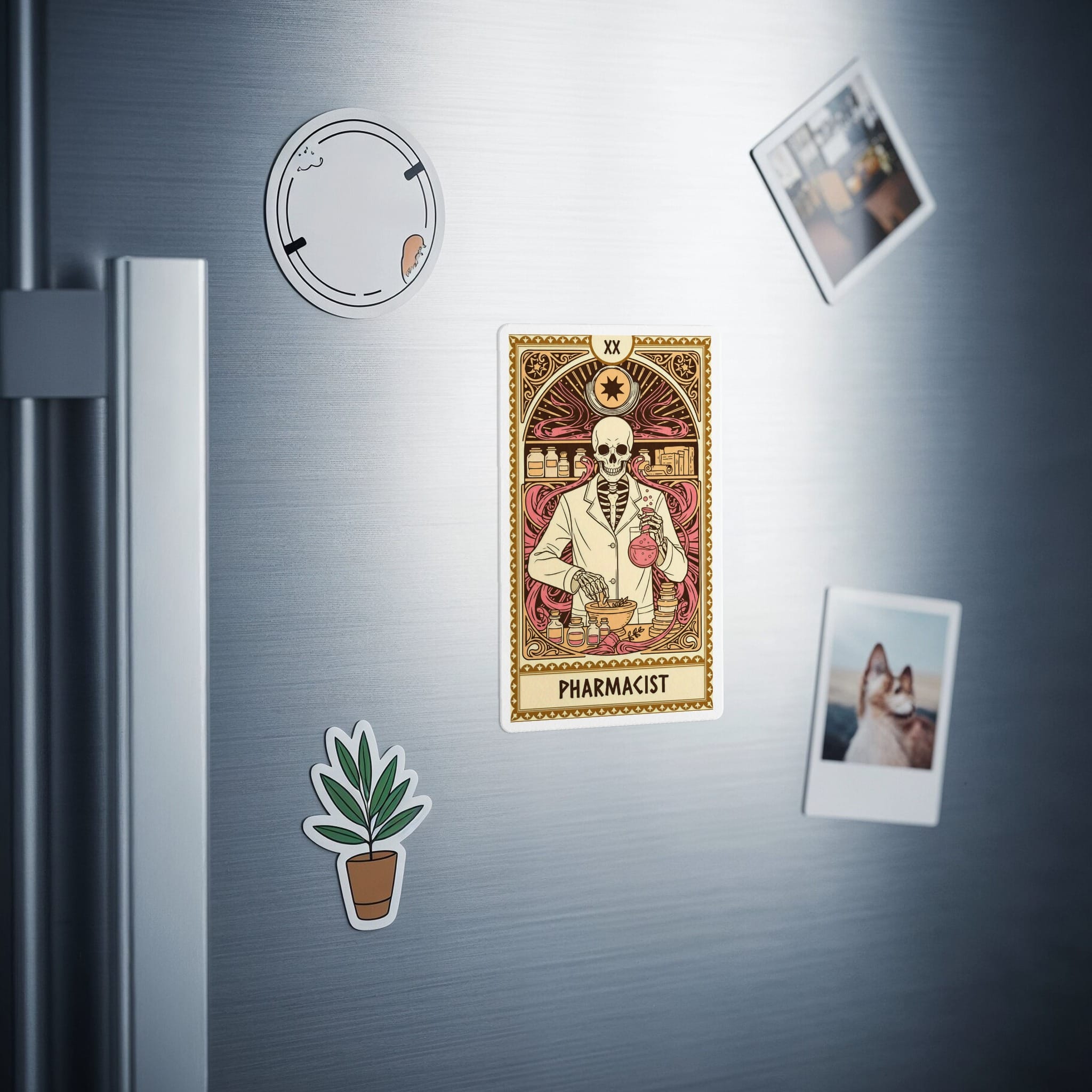 Tarot card featuring a skeleton pharmacist in a lab coat with potion bottles.