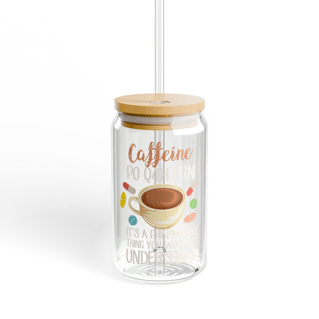 Glass tumbler with "Caffeine PO QRN" text and coffee cup illustration.