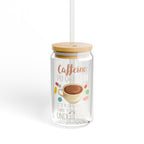 Glass tumbler with "Caffeine PO QRN" text and coffee cup illustration.