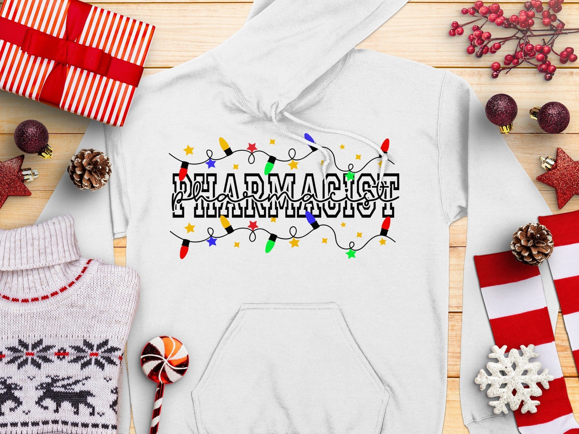 Festive Pharmacist Hoodie with Christmas Lights Design