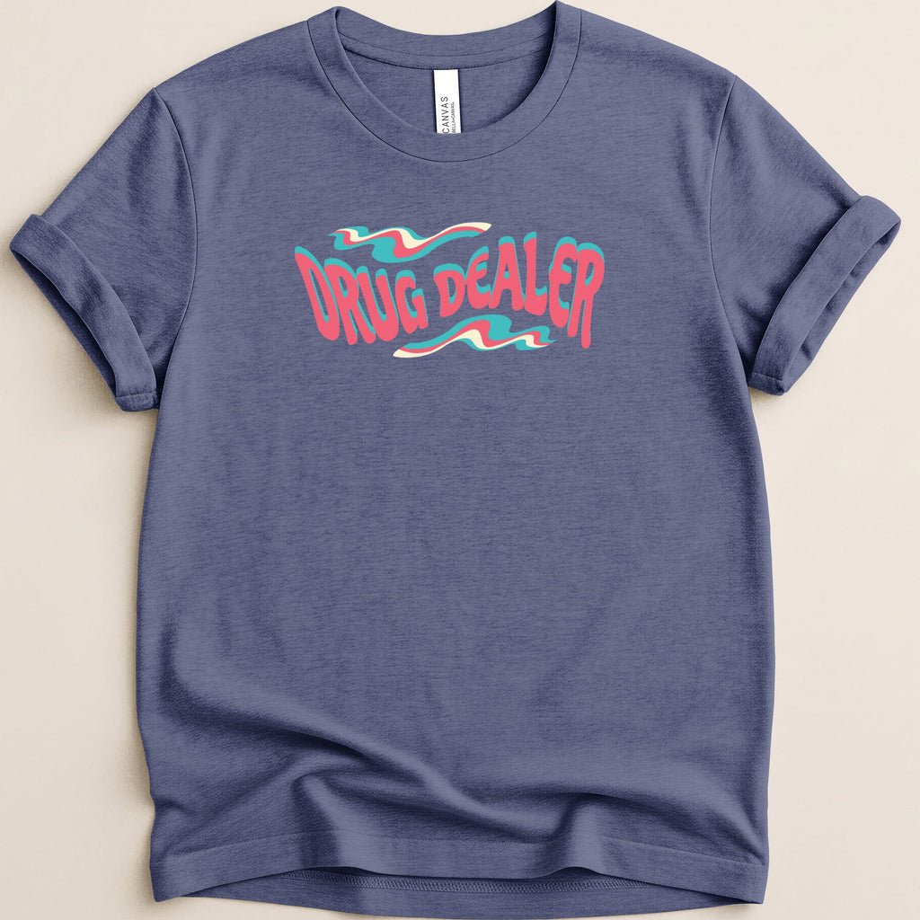 Navy t-shirt with wavy pink and blue "DRUG DEALER" graphic.