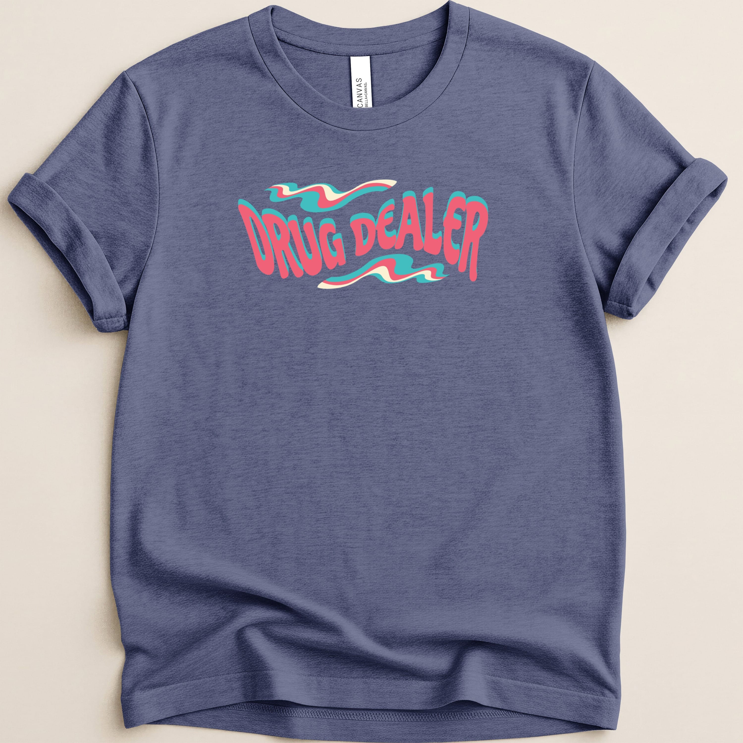 Navy t-shirt with wavy pink and blue "DRUG DEALER" graphic.