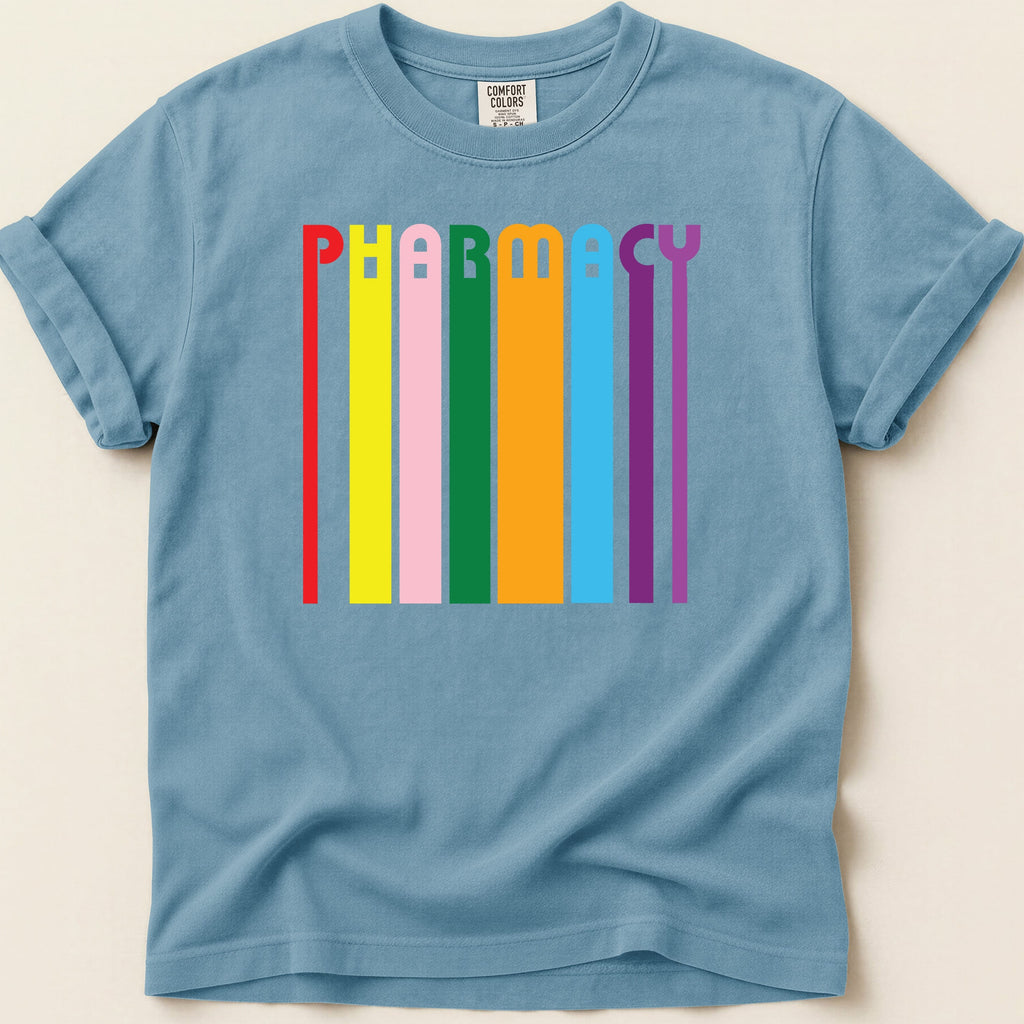 Blue t-shirt with colorful vertical stripes and the word PHABOOS.