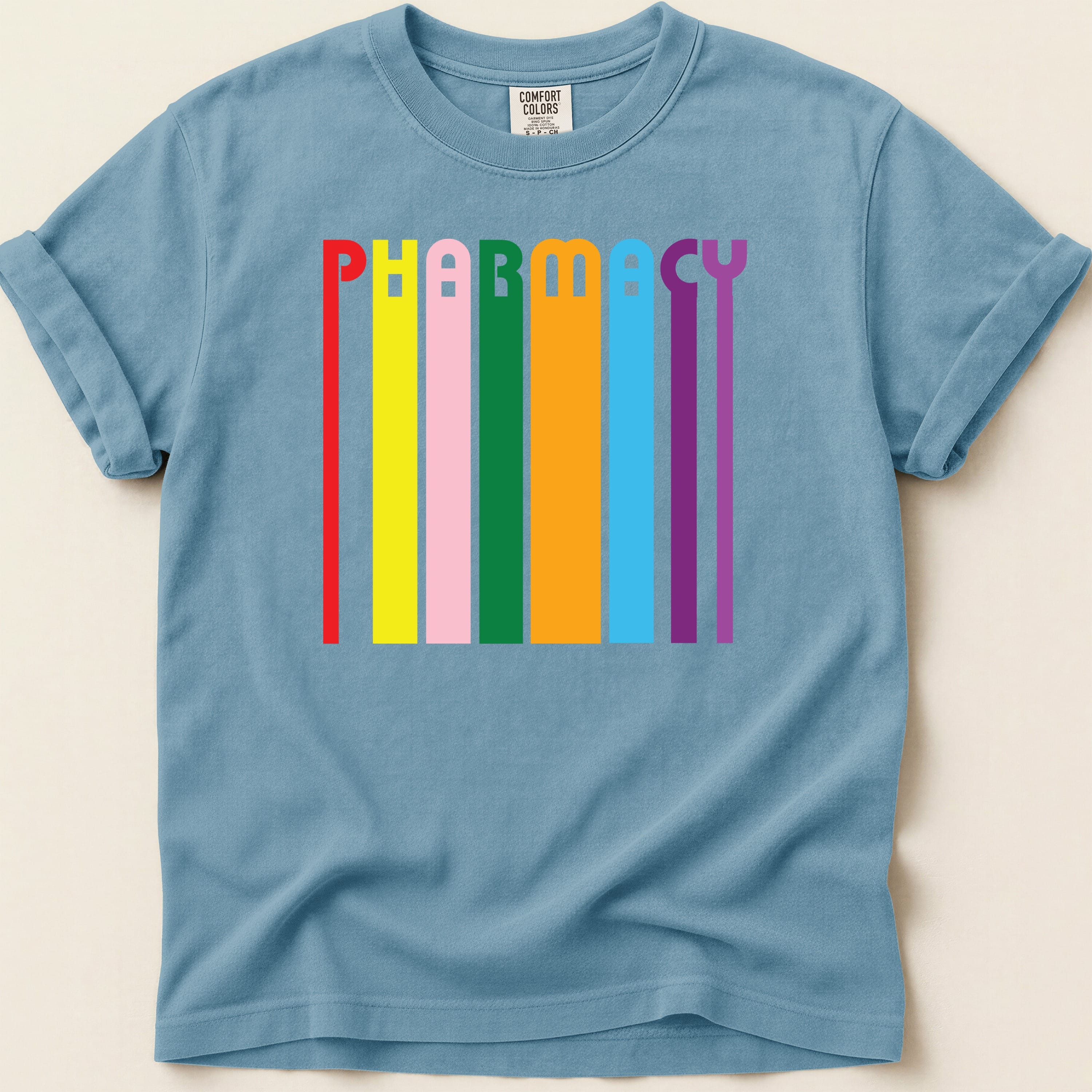 Blue t-shirt with colorful vertical stripes and the word PHABOOS.