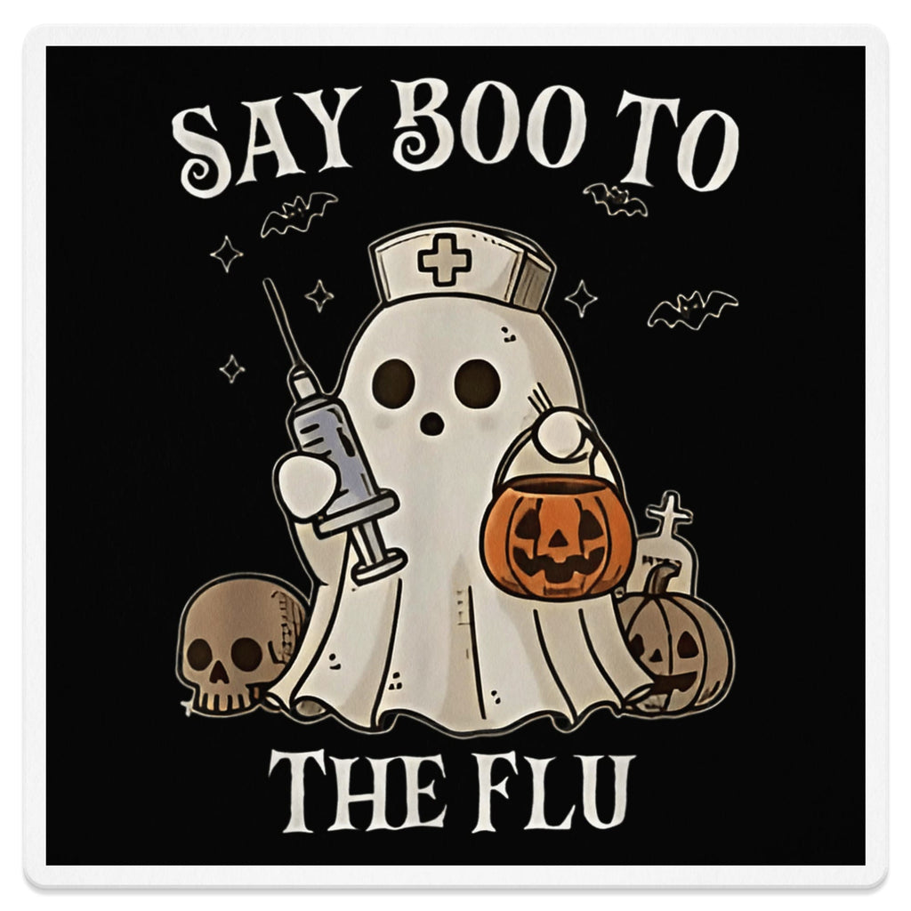 Ghost nurse holding syringe and pumpkin bucket with "SAY BOO TO THE FLU" text.