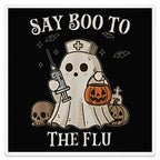 Ghost nurse holding syringe and pumpkin bucket with "SAY BOO TO THE FLU" text.