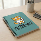Teal spiral notebook with cartoon cat pharmacist and text "PHarmeowcist".