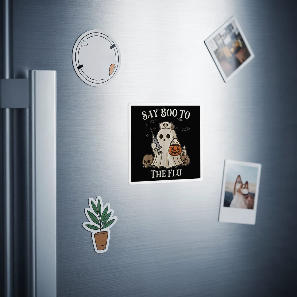 Ghost in nurse outfit with text "SAY BOO TO THE FLU" on a refrigerator.