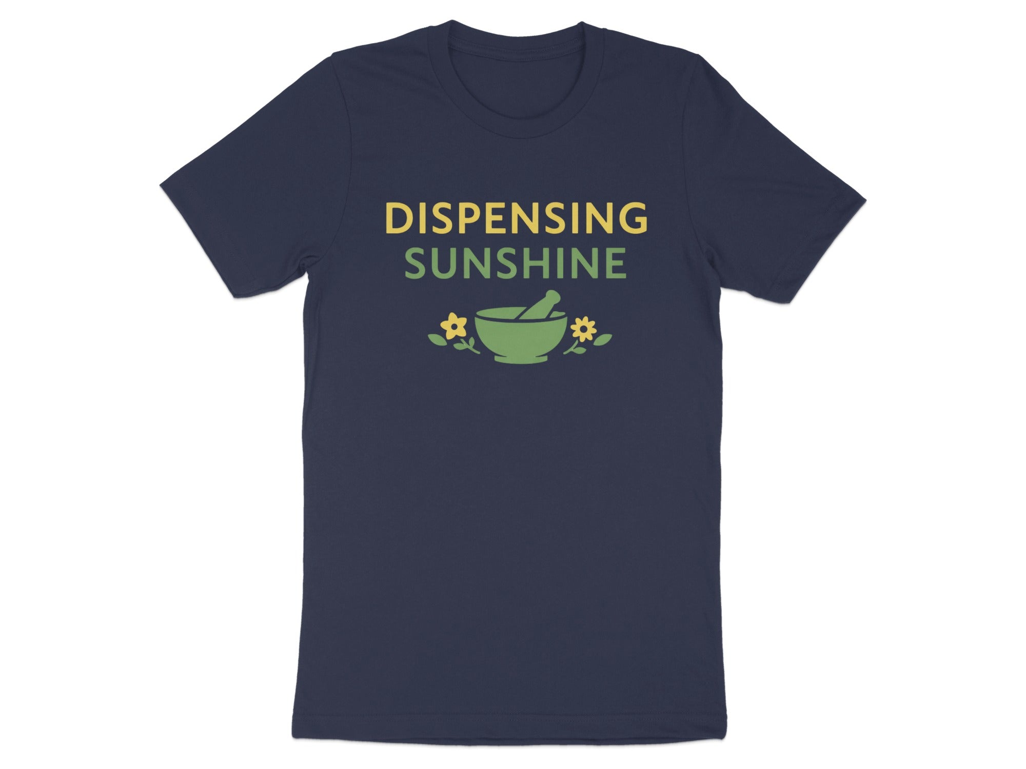 Navy t-shirt with "DISPENSING SUNSHINE" text and mortar and pestle icon.