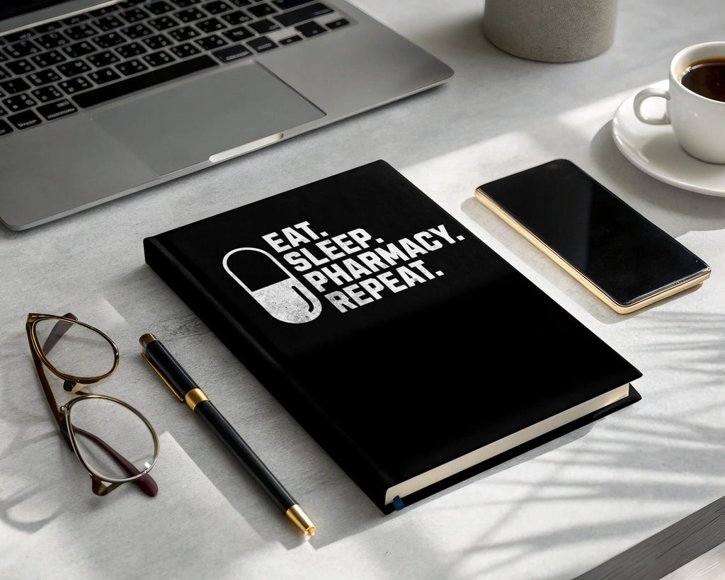 Black notebook with "EAT. SLEEP. PHARMACY. REPEAT." text, laptop, glasses, pen, and coffee.