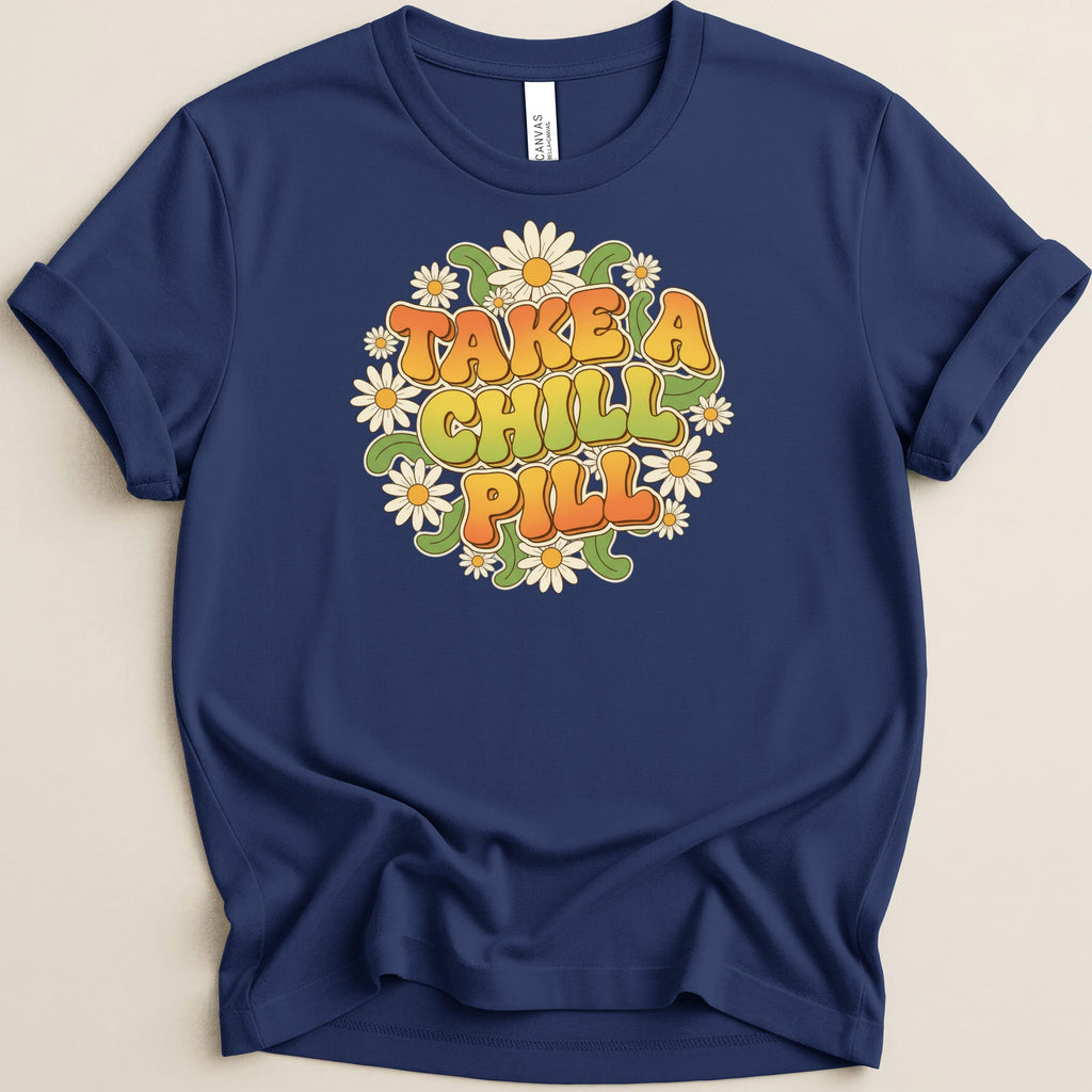Navy t-shirt with "Take a Chill Pill" in retro font surrounded by daisies.