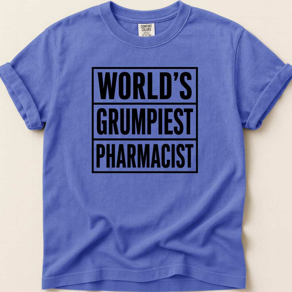 Purple t-shirt with "WORLD'S GRUMPIEST PHARMACIST" in black text.
