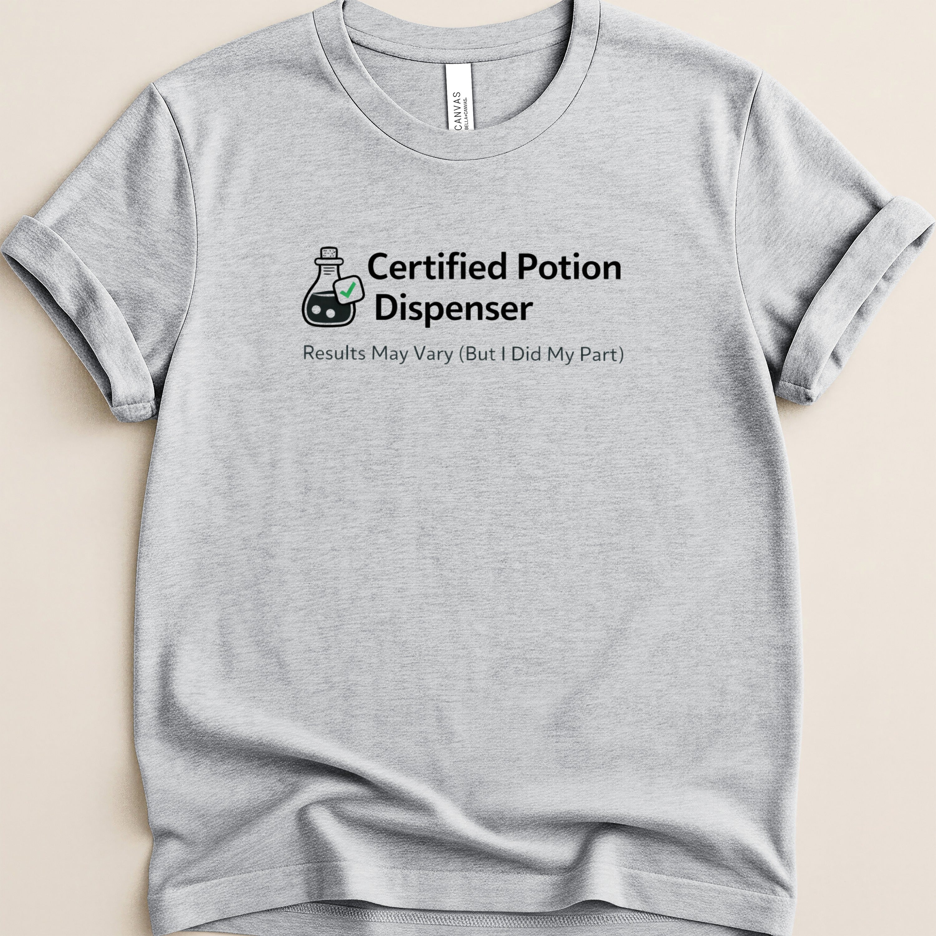 Gray t-shirt with "Certified Potion Dispenser" and a potion bottle graphic.